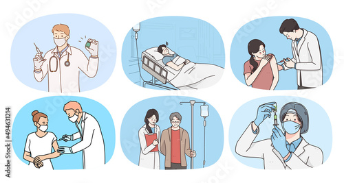 Collection of doctors cure help patients in medical institution. Set of nurses or caregivers assist sick people in clinic or hospital. Healthcare and medicine. Flat vector illustration. 