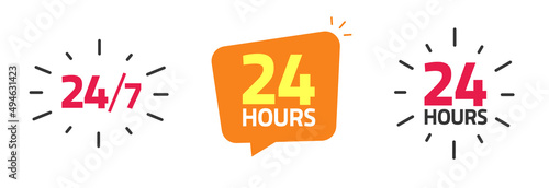 24 by 7 hour open work time service icon vector or 24h hrs a day clock logo as emergency or delivery support assistance pictogram