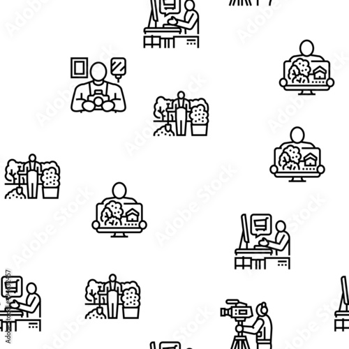 Small Business Worker Occupation Vector Seamless Pattern Thin Line Illustration