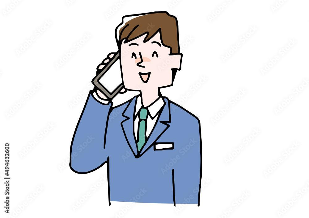 スマートフォンで電話をするビジネスマン（笑顔）　コミカルな手書きの人物　ベクター、線画にカラー