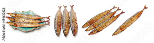 Grilled saury on white background