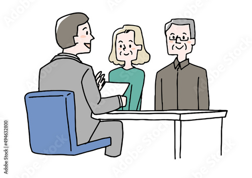シニア夫婦に説明するビジネスマン　コミカルな手書きの人物　ベクター、線画にカラー