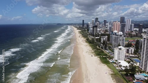 Fly following the coast and ocean with panorama view on Gold Cost