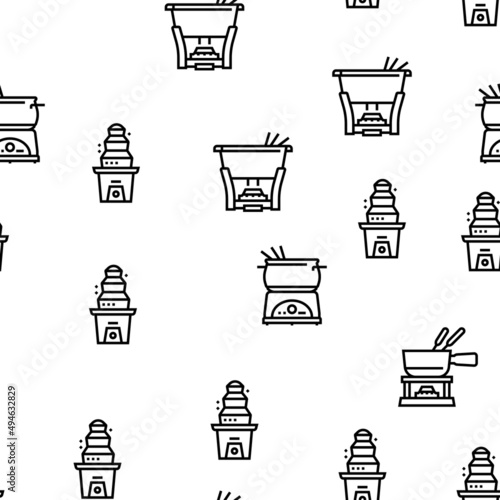 Fondue Cooking Delicious Meal Vector Seamless Pattern Thin Line Illustration