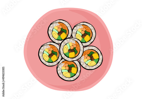 Isolated Korean kimbap or gimbal on pink plate in top view. Rice, meat, Kim chi and vegetables roll with seaweed. Authentic Asian food, Korean street food, a slice of rice roll. 