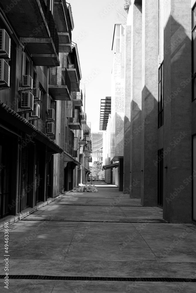 Alley in a monotone high-rise building, black and white