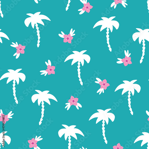 Palm trees Hibiscus flowers seamless vector background. White palm tree silhouettes repeating pattern on teal blue green pink. Pink floral botanical vector background hand drawn for fabric, wrap.