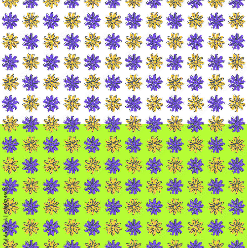 Chamomile floral vector seamless pattern. Hand drawn black ink brush stroke contour, daisy meadow flowers in blue yellow colors Chamomile floral vector seamless pattern. Hand drawn black ink brush stroke contour, daisy meadow flowers in blue yellow colors