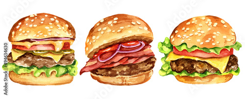three burgers with meat, onion, tomatos, salad, watercolour hand drawn illustration