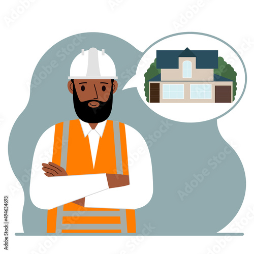 The constructor is thinking about building a house. A smiling man in a hardhat and a vest is planning a work process. Engineer, house construction concept.