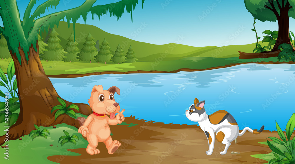 Naklejka premium Set of different domestic animals in forest
