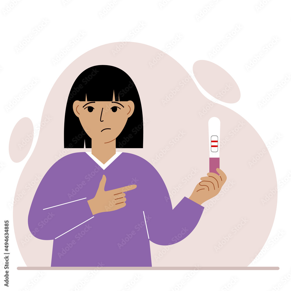 A woman looks sadly at a positive pregnancy test result. Vector A woman looks sadly at a positive pregnancy test result. Vector