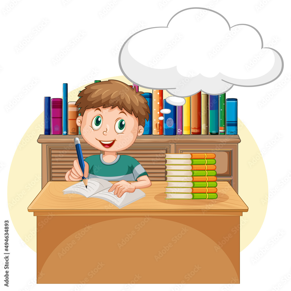 A kid doing homework with speech bubble in the library