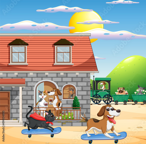 Outdoor scene with domestic animals cartoon character
