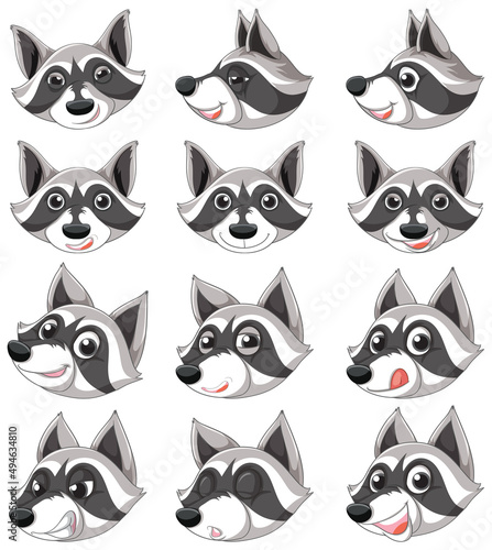 Set of raccoon cartoon head style