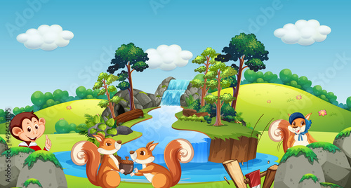 Scene with squirrels and monkey by waterfall