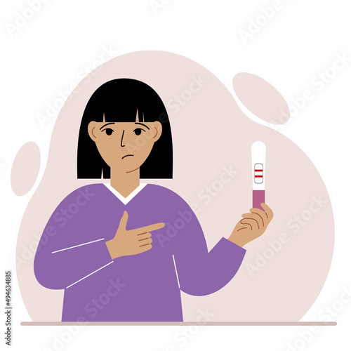 A woman looks sadly at a positive pregnancy test result. Vector