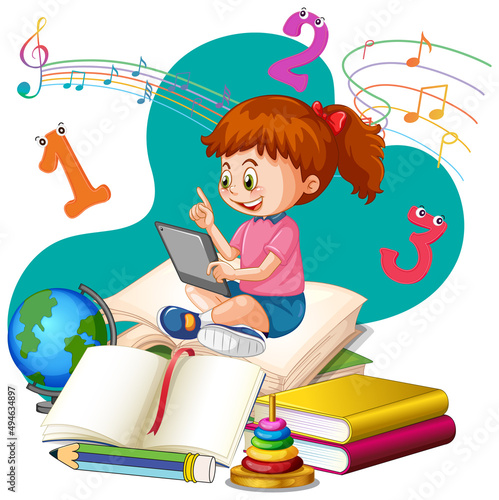 A girl reading books on a stack of books
