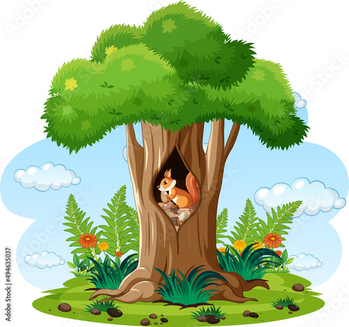 Scene with squirrel eating nuts in hollow