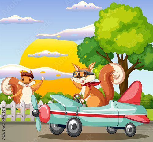 A scene of squirrel fly a plane