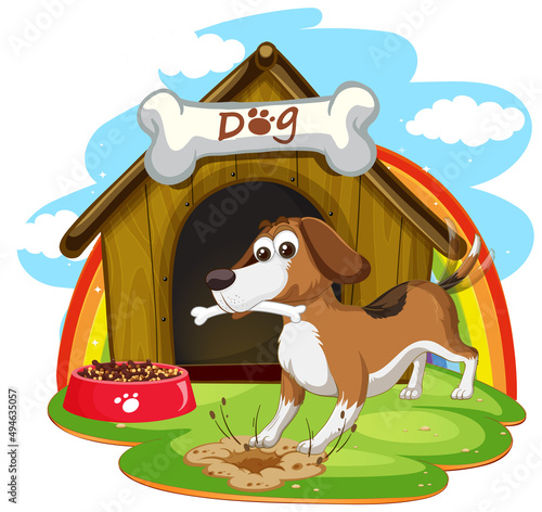 A dog outside the doghouse