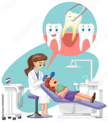 Dentist woman examining patient teeth on white background