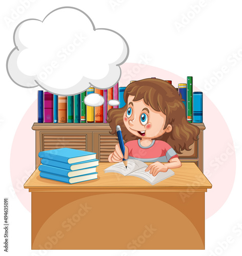 A kid doing homework with speech bubble in the library
