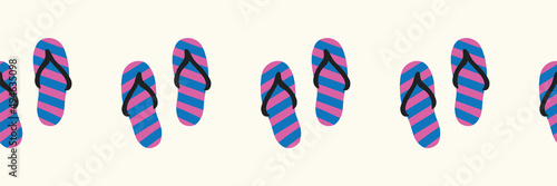 Flip flops horizontal seamless vector border. Repeating summer shoe pattern summer beach theme hand drawn pink blue. Use for footer, header, banner, ribbon, fabric trim, card decor, beach wear