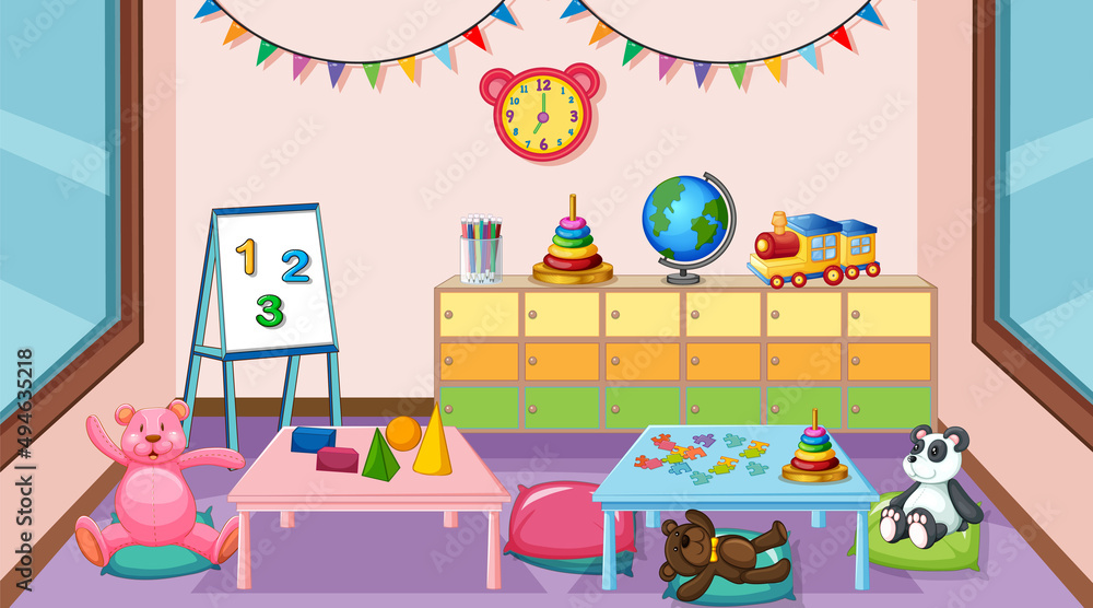 Empty kindergarten classroom interior with many kid toys