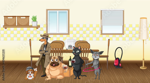 Set of different domestic animals in kitchen