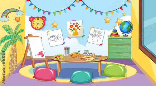 Empty kindergarten classroom interior with many kid toys