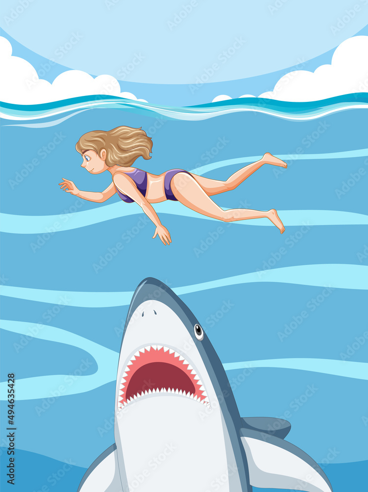 A woman escaping from aggressive shark