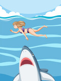 A woman escaping from aggressive shark