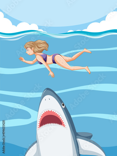 A woman escaping from aggressive shark