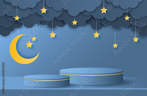 Paper cut of dark blue color cylinder podium for products display presentation and clouds, crescent moon with stars. Vector illustration