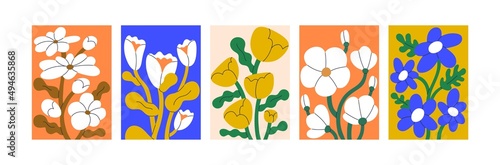 Contemporary wall art with abstract matisse-inspired flowers. Trendy floral interior poster, picture set. Modern botanical artworks, paintings for decoration. Colored flat graphic vector illustrations