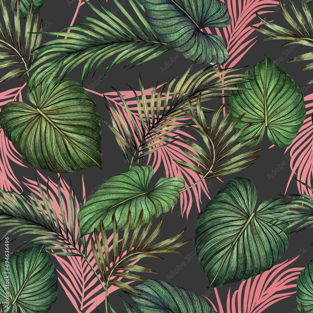 Fototapeta premium Watercolor painting colorful tree tropical leaves seamless pattern background.Watercolor hand drawn illustration tropical exotic leaf prints for wallpaper,textile Hawaii aloha jungle pattern.