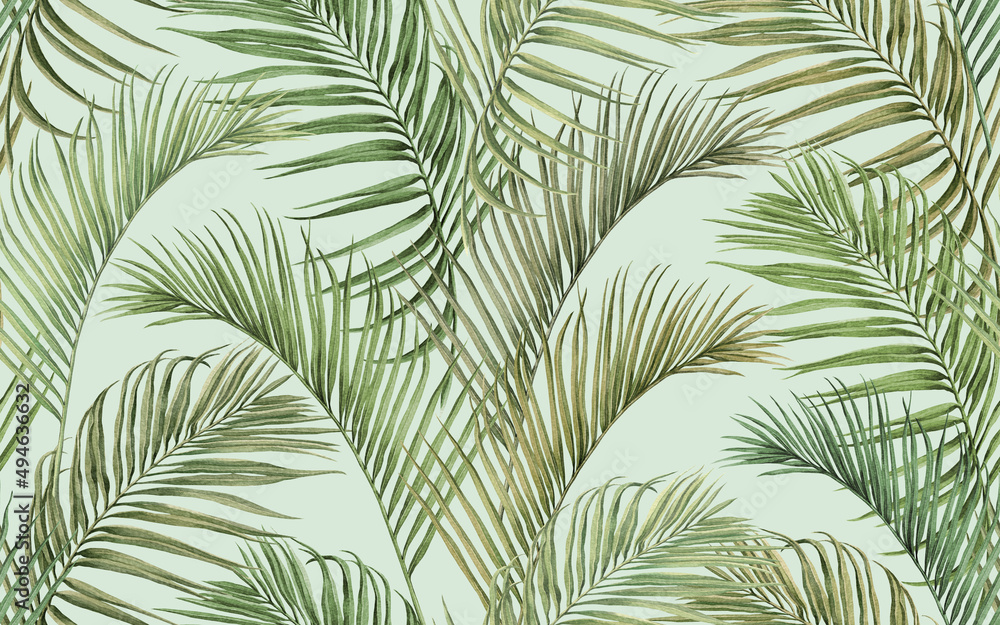 Watercolor painting colorful tree coconut leaves seamless pattern background.Watercolor hand drawn illustration tropical exotic leaf prints for wallpaper,textile Hawaii aloha jungle pattern.