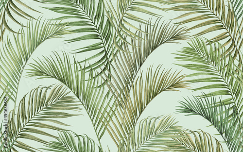 Watercolor painting colorful tree coconut leaves seamless pattern background.Watercolor hand drawn illustration tropical exotic leaf prints for wallpaper textile Hawaii aloha jungle pattern.