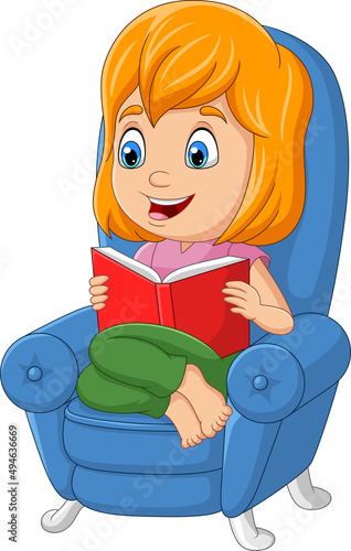 Cartoon little girl reading a book sitting on sofa