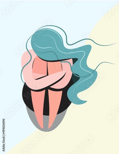 Unhappy girl mourns. Cartoon sad woman sitting hugging her knees. Loss, grief, pain, death concept for banner or landing page design. Flat isolated vector design. Stop the war.