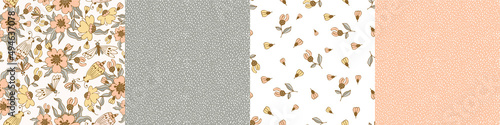 Modern floral pattern, large flowers and butterflies, polka dot pattern, small spots. Seamless pattern set. Modern design for paper, cover, fabric, decor, print. Design for paper, cover, fabric, decor