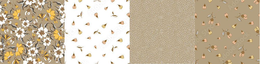 Modern floral pattern, large flowers and butterflies, polka dot pattern, small spots. Seamless pattern set. Modern design for paper, cover, fabric, decor, print. Design for paper, cover, fabric, decor