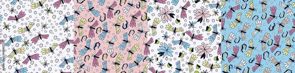 Fototapeta Modern floral pattern, large flowers and butterflies, polka dot pattern, small spots. Seamless pattern set. Modern design for paper, cover, fabric, decor, print. Design for paper, cover, fabric, decor