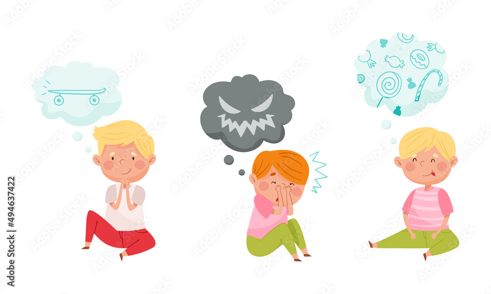 Childhood fears and dreams set. Cute kid with speech bubbles over their heads cartoon vector illustration Childhood fears and dreams set. Cute kid with speech bubbles over their heads cartoon vector illustration