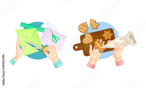 Craft hobbies set. View from above of human hands creating crafts. People cutting paper and baking gingerbread cookies cartoon vector illustration