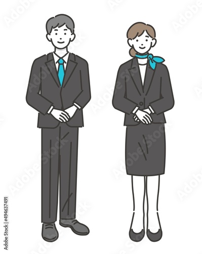 スーツ姿のホテルスタッフの男女のベクターイラスト素材／宿泊業者／旅行／観光／トラベル