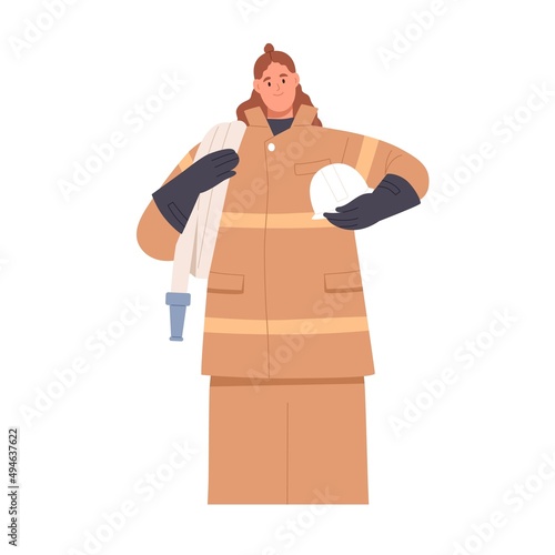 Woman firefighter in uniform portrait. Happy firewoman with hose and helmet in hands. Female fire fighter standing with professional equipment. Flat vector illustration isolated on white background
