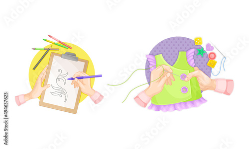 Craft hobbies set. View from above of human hands creating crafts. Drawing and needlework cartoon vector illustration