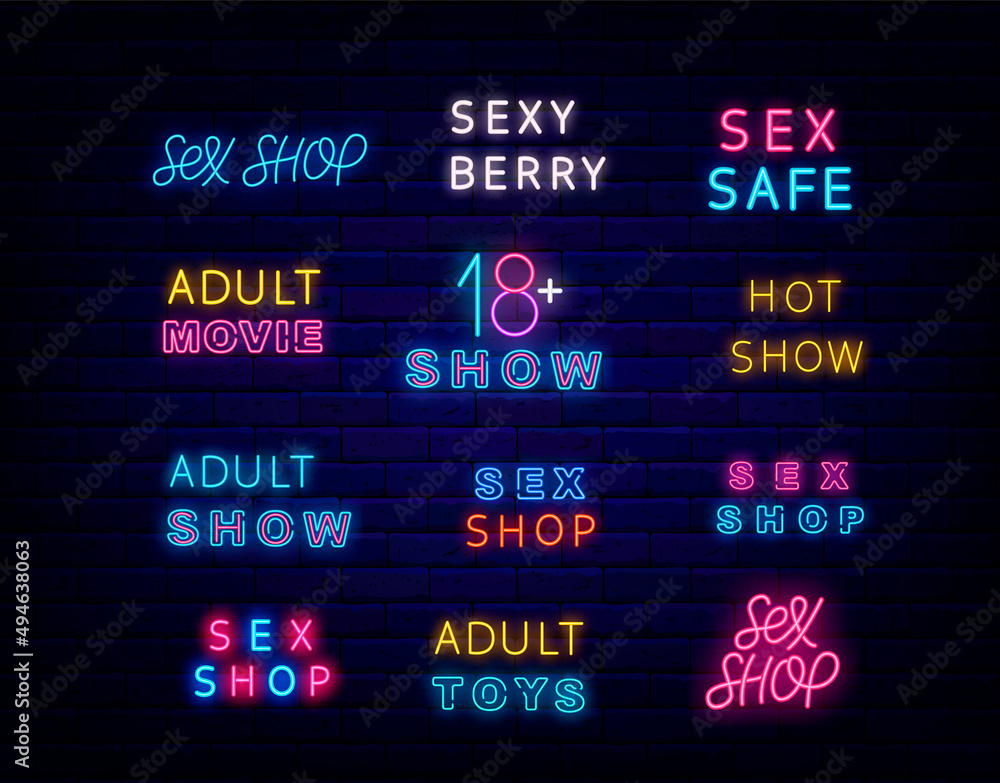 Obraz premium Sex shop neon sign collection. Adult toys, hot show. Sex safe. Night bright signboard set. Vector stock illustration